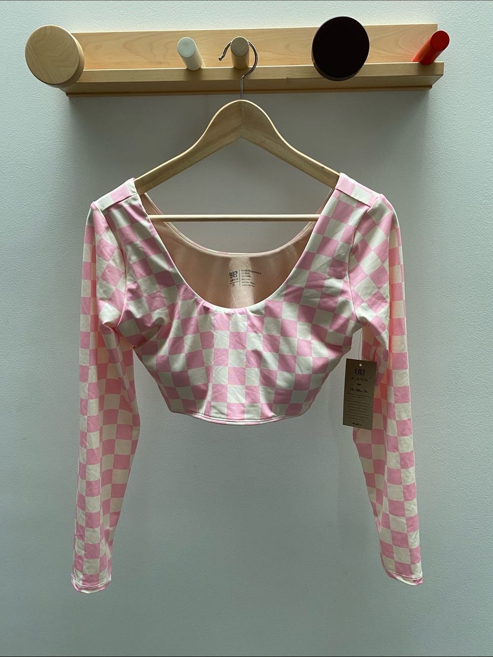 Long Sleeve Pink Checkered Crop Swim Top - Women
